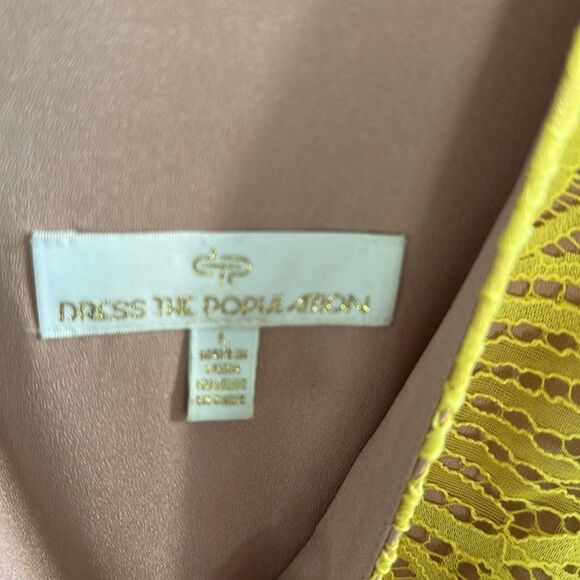 Dress the Population Mia Yellow Lace Midi Dress Puff Sleeve Cocktail Large - Picture 7 of 8